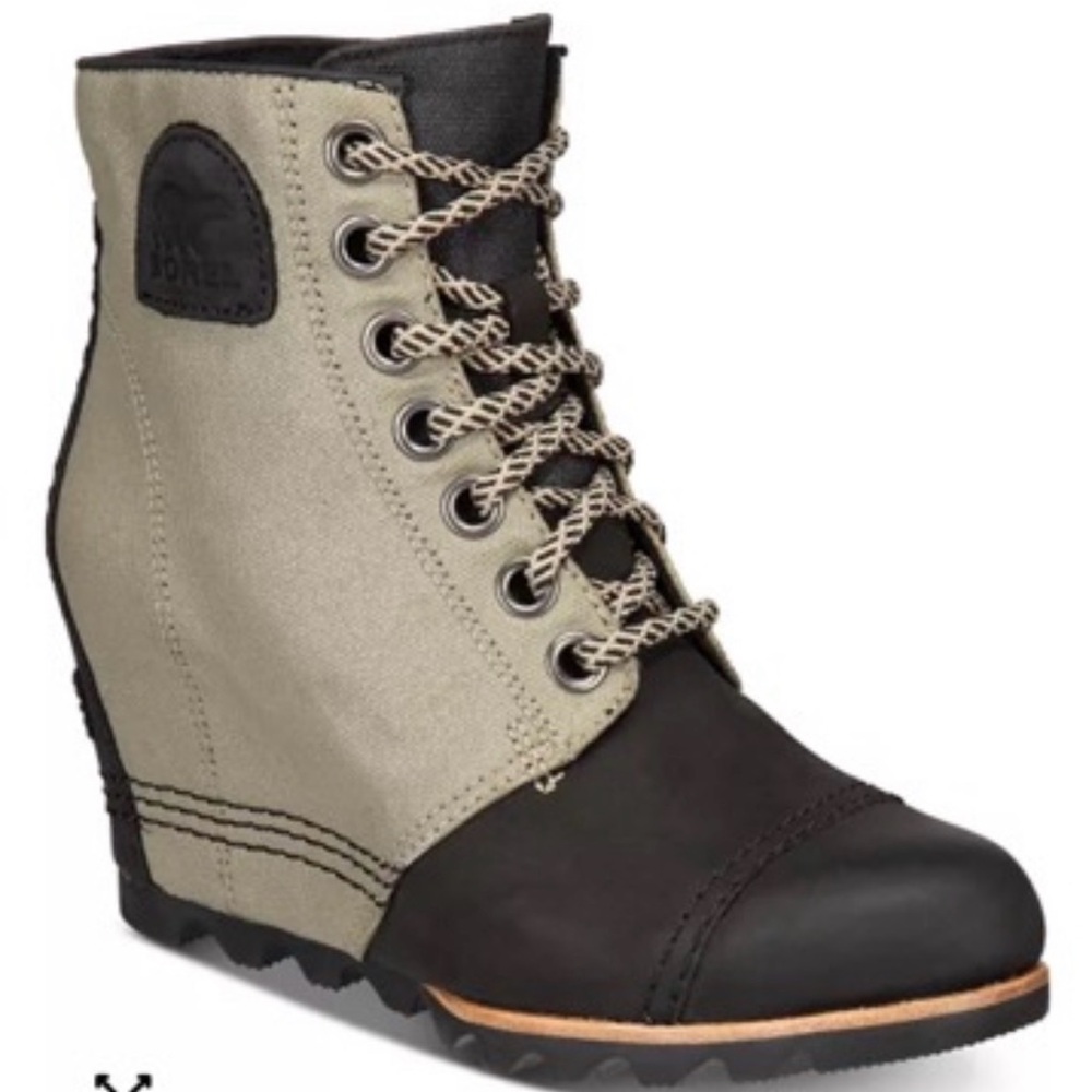 Sorel PDX Wedge bootie in black leather and tan Sz 7